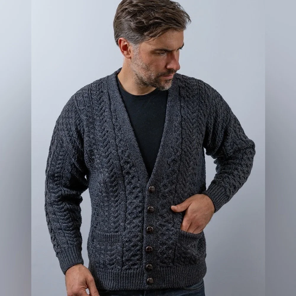 Saol Ireland Charcoal Grey 100% Merino Wool Cable Knit Cardigan Size L